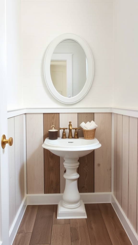 Rustic wood paneling and white fixtures in a half bathroom