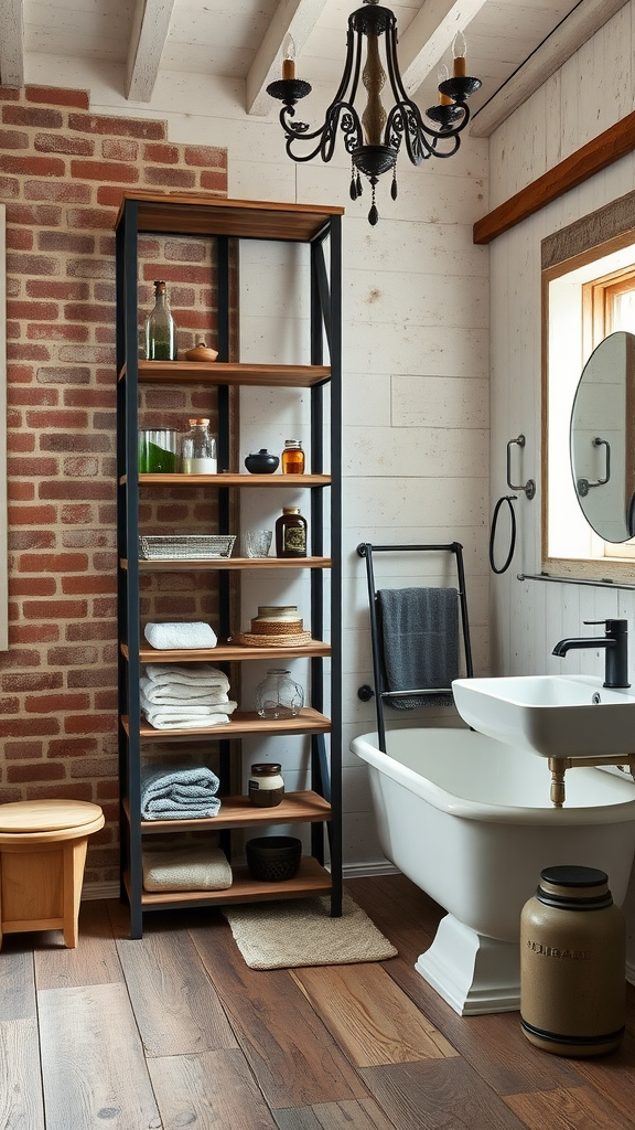 A rustic wood and metal storage unit with open shelves displaying towels and jars, next to a freestanding bathtub in a cozy bathroom.