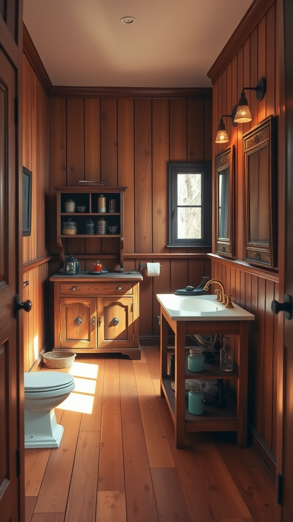 A rustic bathroom featuring wood paneling, antique faucets, and warm lighting.