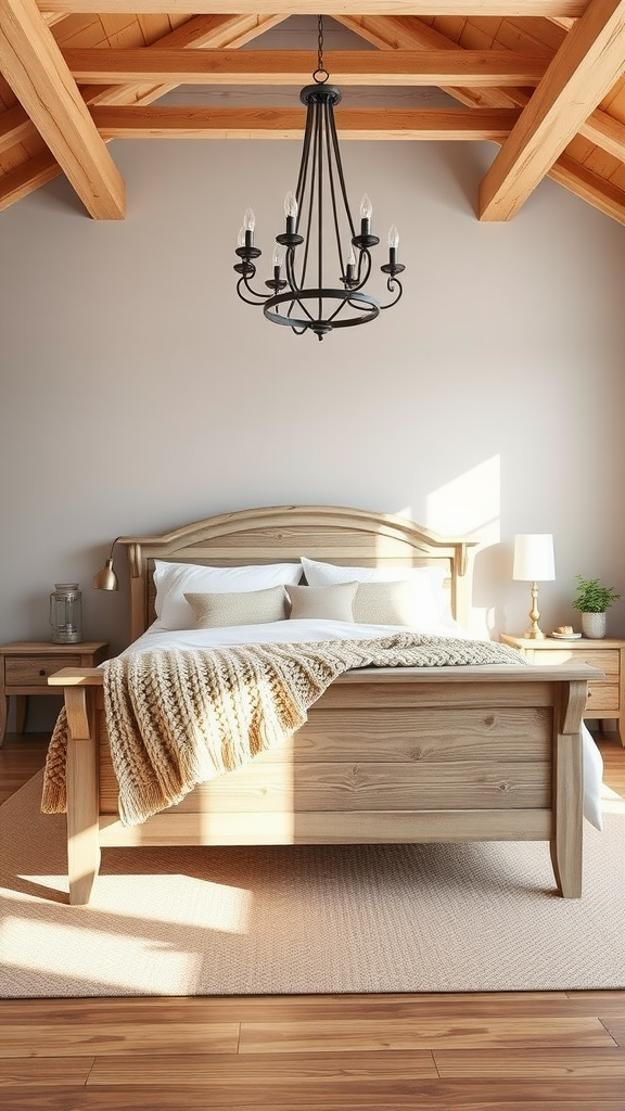 A cozy farmhouse bedroom with a rustic wooden bedframe, warm bedding, and wooden beams.