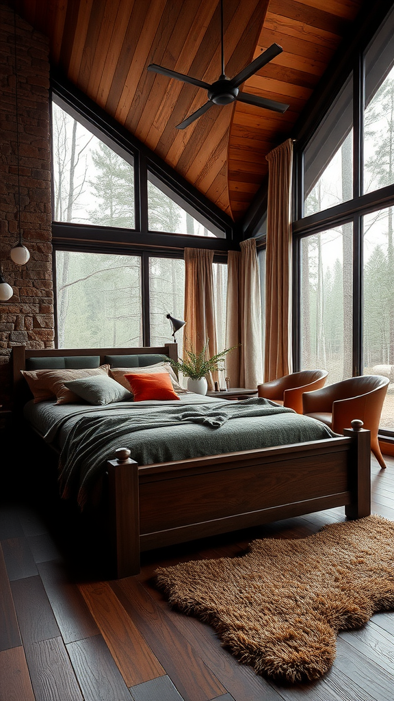 A cozy rustic bedroom with a wooden bed, soft bedding, large windows, and a stone wall.