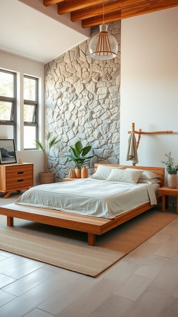 A rustic zen bedroom with wooden furniture, a stone wall, and plants.