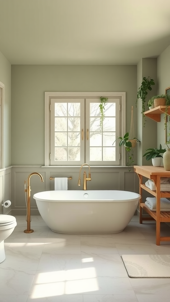 A modern bathroom featuring sage green walls, a freestanding white bathtub, golden fixtures, and wooden shelving with towels.