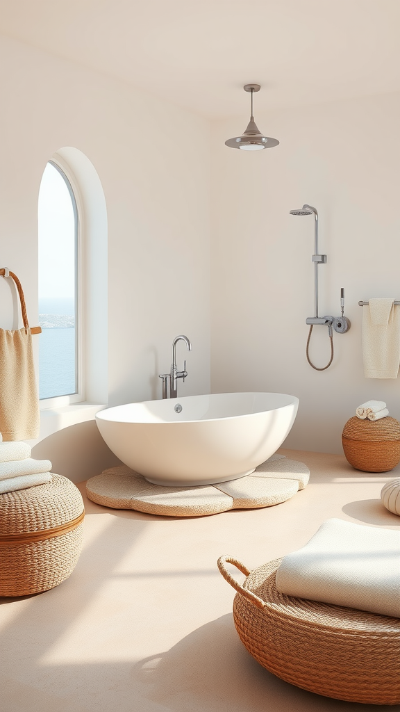 A serene sandy beach-themed bathroom with a white bathtub, woven baskets, and ocean view.