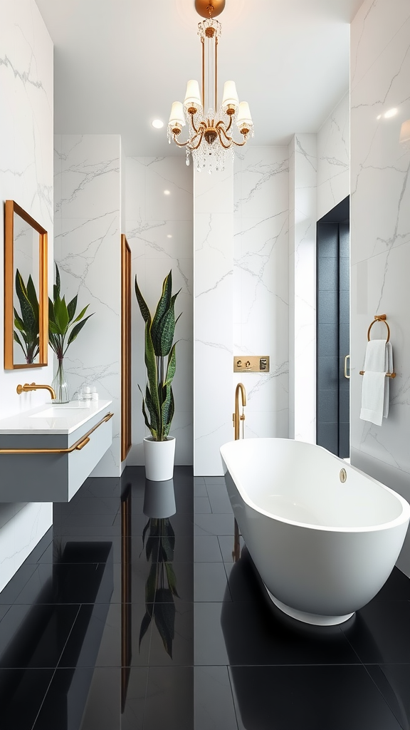 A stylish Scandinavian bathroom featuring white marble walls, black flooring, a freestanding bathtub, and gold accents.