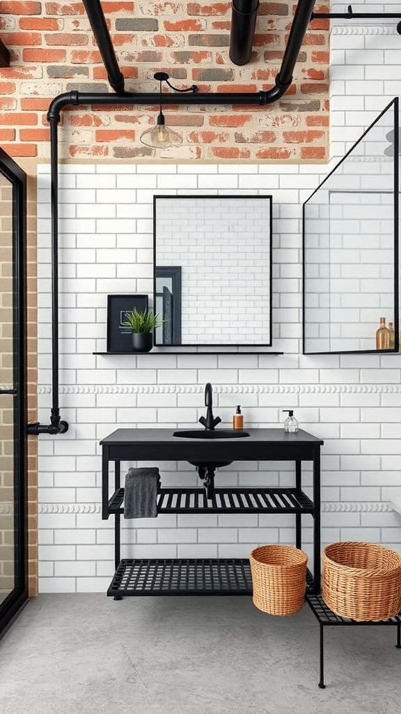 A stylish bathroom featuring a black metal vanity with a minimalist sink, white subway tiles, and rustic brick walls.