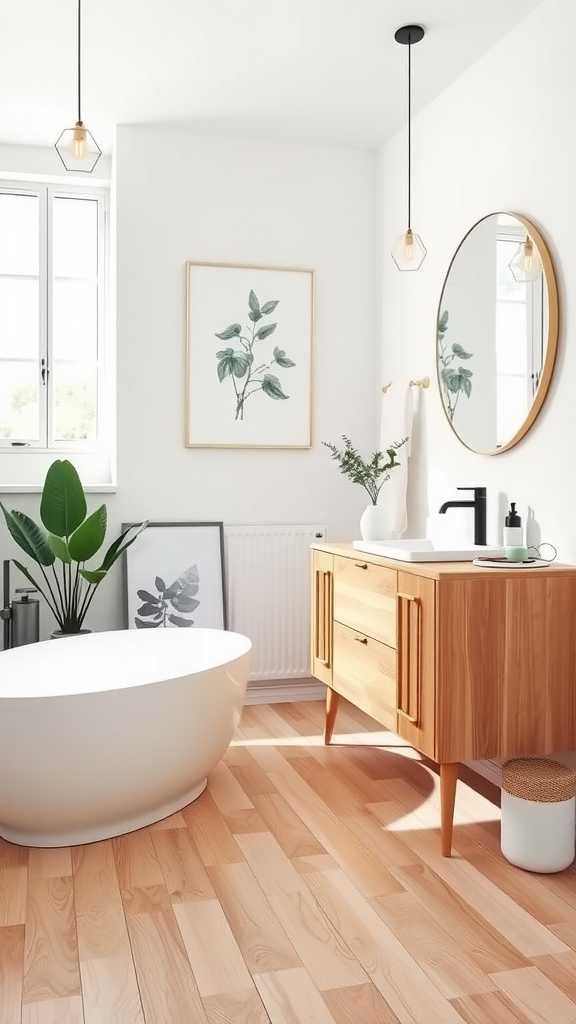 A modern Scandinavian bathroom featuring a freestanding white tub, wooden vanity, and natural decor.