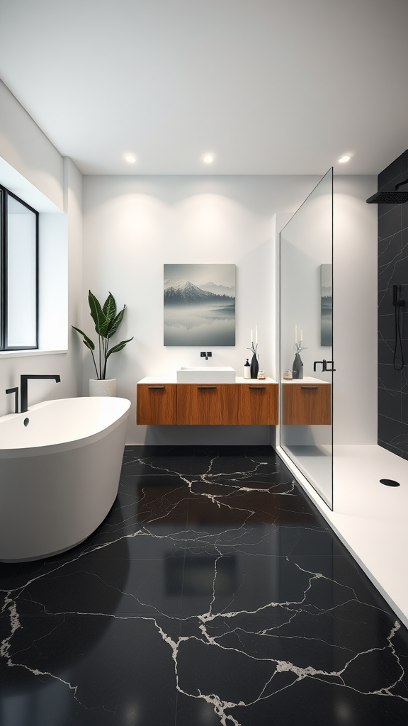 A modern Scandinavian luxury bathroom featuring a freestanding tub, floating vanity, black marble floor, and a large mirror.