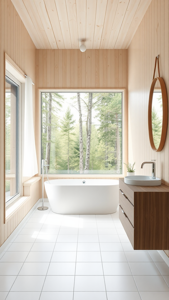 Scandinavian bathroom with a forest view, featuring wood paneling, a freestanding bathtub, and modern fixtures.