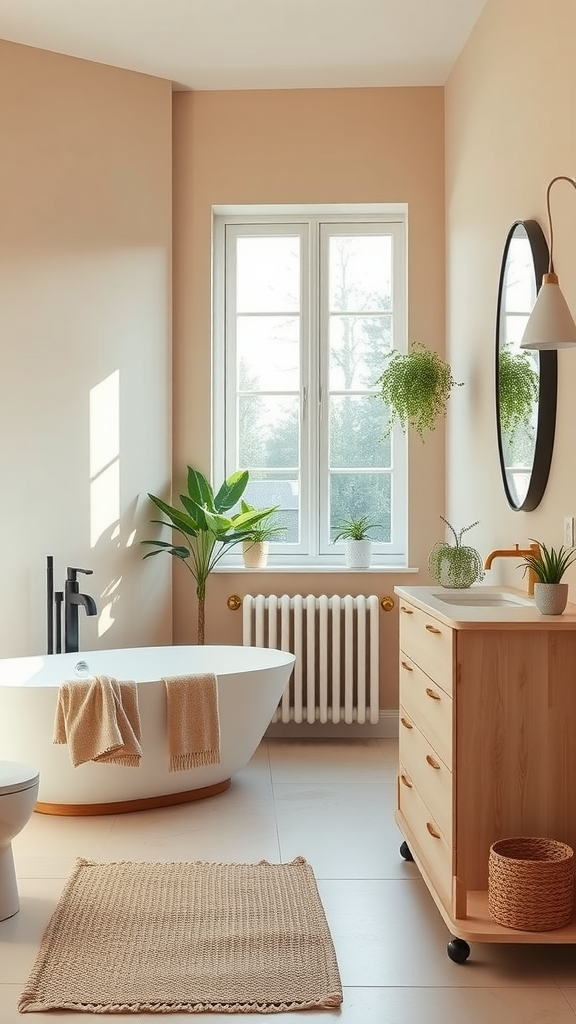 A serene Scandinavian-style bathroom featuring soft beige walls, a freestanding bathtub, wooden accents, and greenery