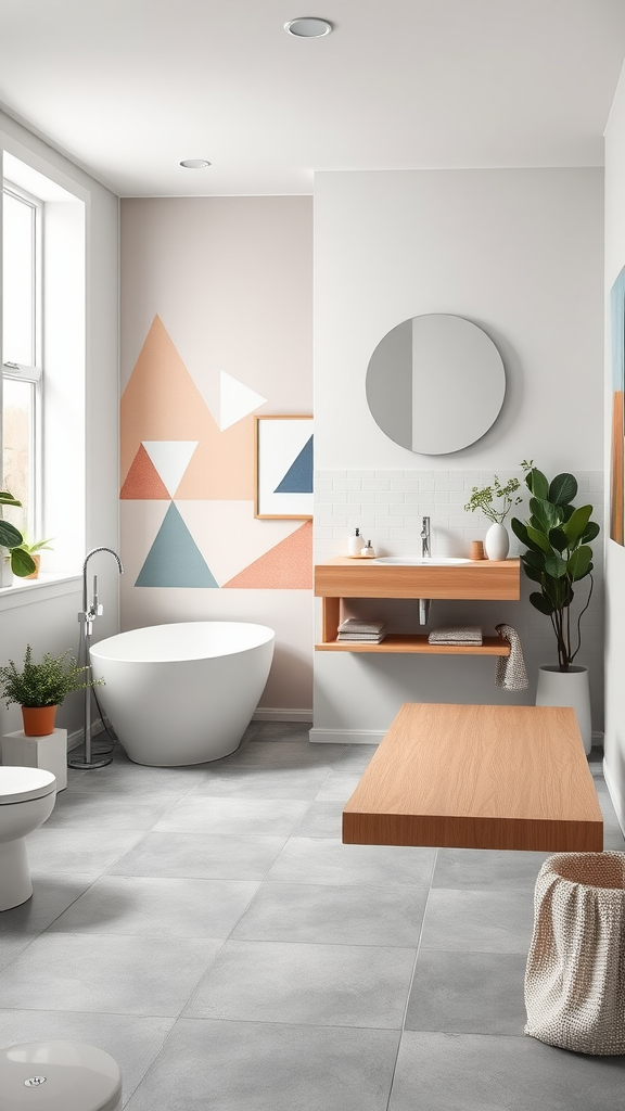 A modern Scandinavian bathroom featuring a freestanding tub, geometric wall art, wooden shelves, and plants.