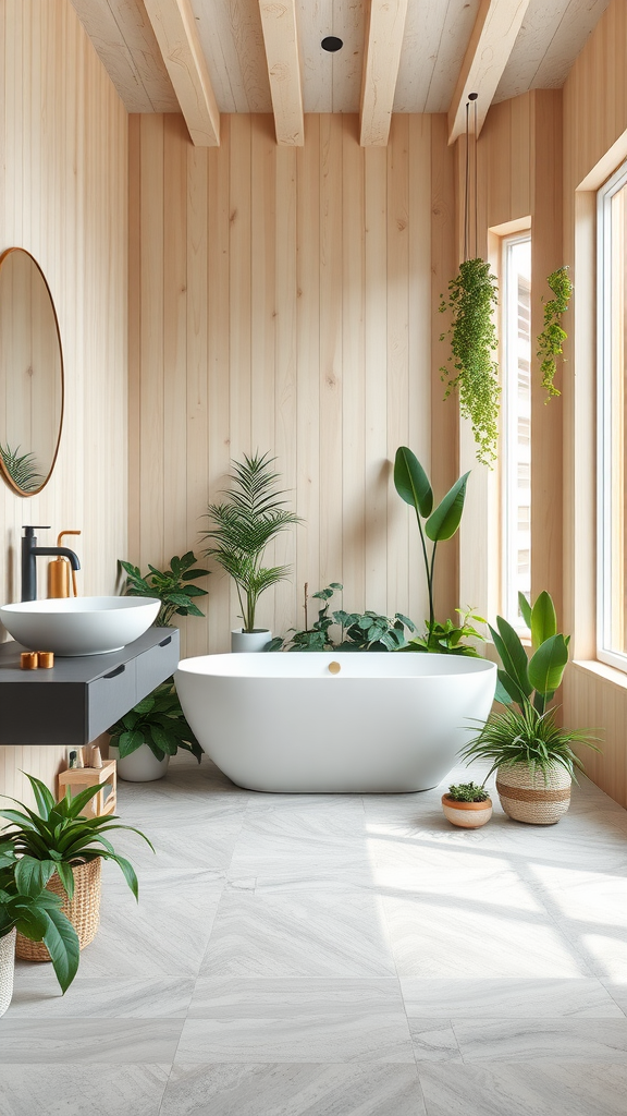 A modern Scandinavian bathroom with wooden walls, a freestanding bathtub, and various indoor plants