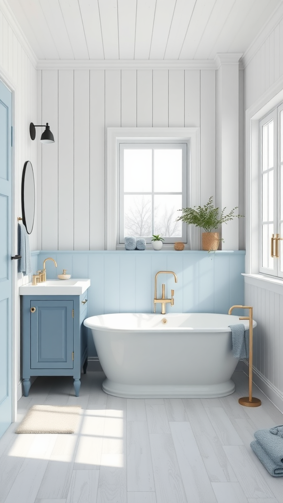 A stylish Scandinavian bathroom featuring blue cabinetry and accents, a freestanding bathtub, and natural light.