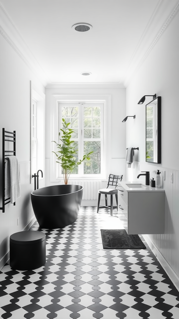 A modern Scandinavian black and white bathroom featuring a freestanding bathtub, patterned floor, and natural light.