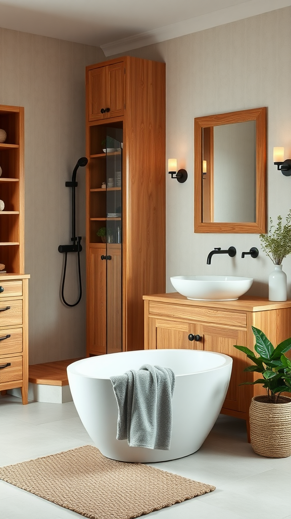 A Scandinavian bathroom featuring a freestanding tub, wooden cabinetry, and soft lighting.