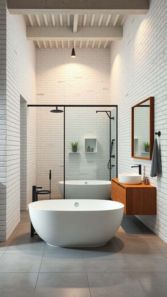 Stylish Scandi loft bathroom featuring a glass wall, freestanding bathtub, and modern fixtures.