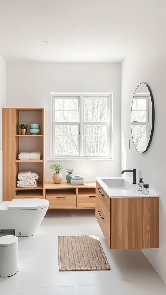 A minimalist Scandinavian bathroom with wooden storage, clean lines, and bright natural light.