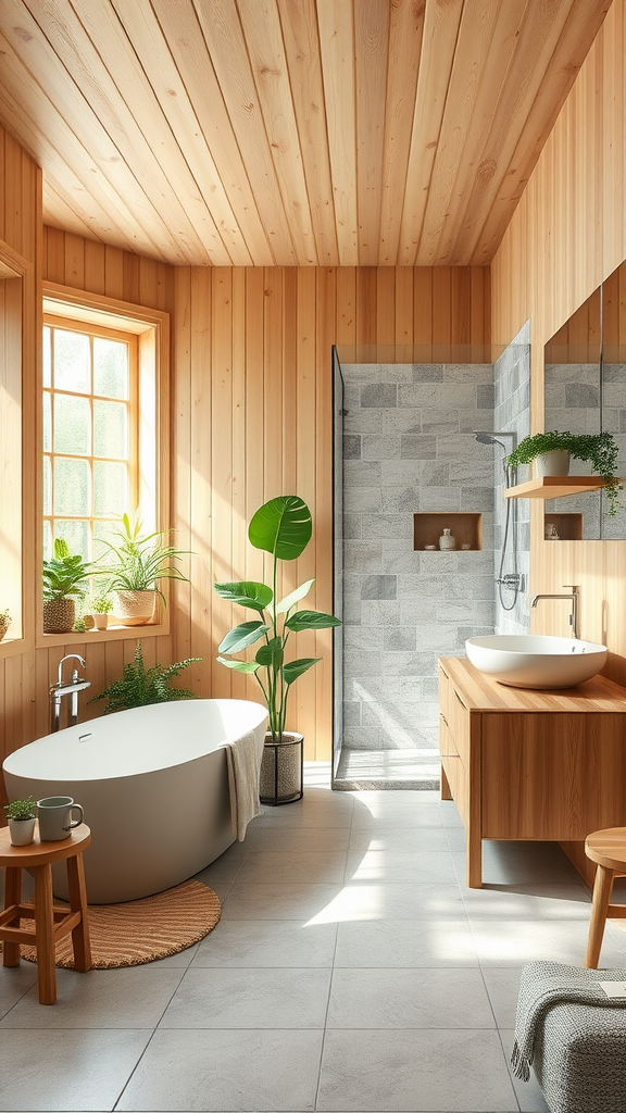 A Scandinavian bathroom featuring wooden walls, a freestanding tub, and plants.