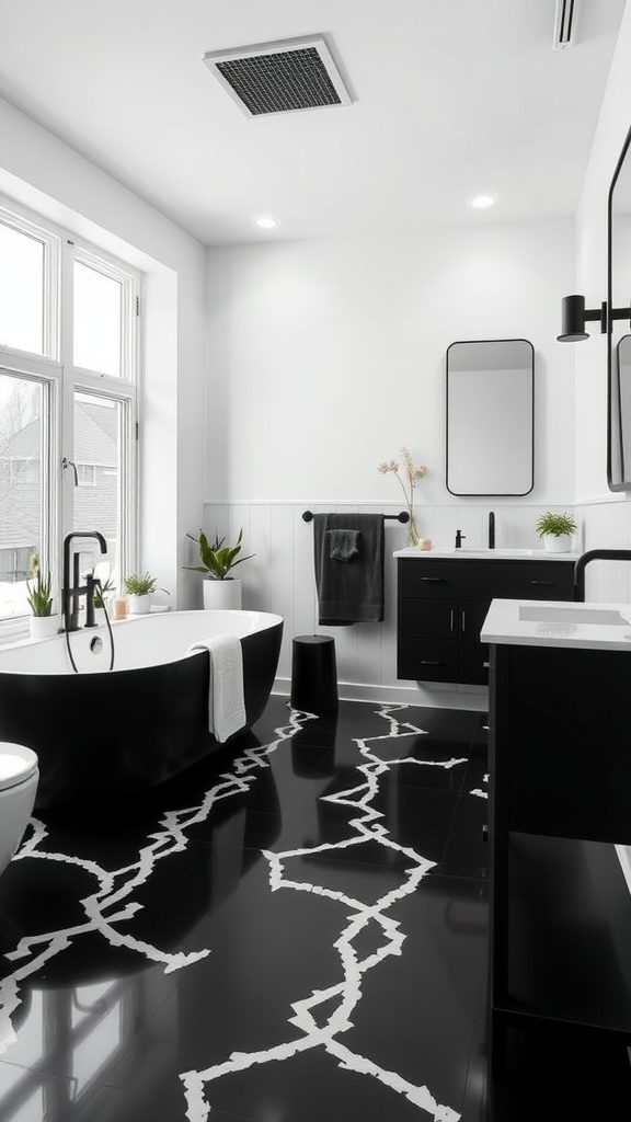 A stylish Scandinavian monochrome bathroom featuring a black freestanding bathtub, patterned floor tiles, and minimalistic black and white decor.