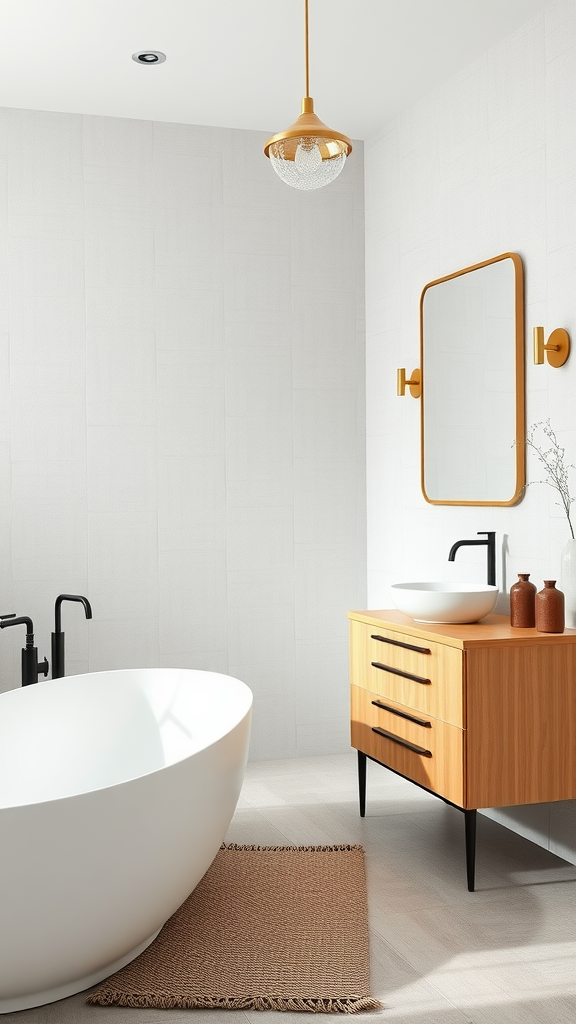 A modern Scandinavian style bathroom featuring a freestanding tub, textured walls, wooden vanity, and gold accents.