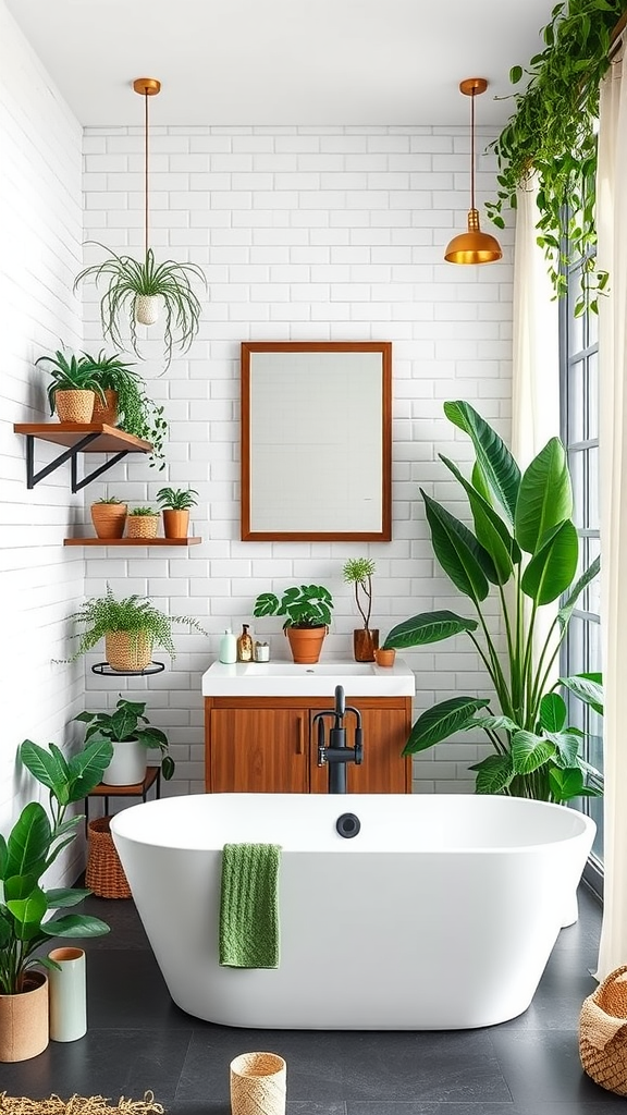 A Scandinavian bathroom featuring a freestanding tub, wooden elements, and various indoor plants.