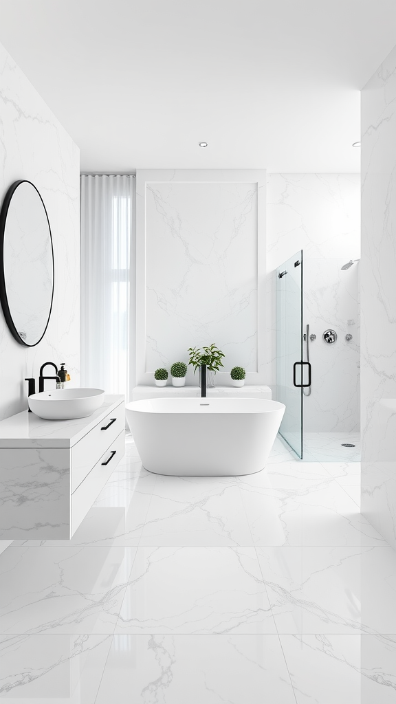 A luxurious Scandinavian bathroom featuring white marble walls and floor, a freestanding bathtub, and modern fixtures.