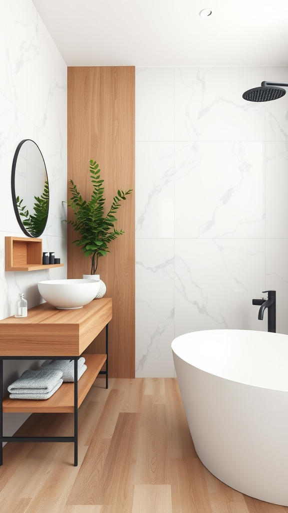 A modern Scandinavian bathroom featuring a wood and marble fusion design with a freestanding tub, a round mirror, and plants.