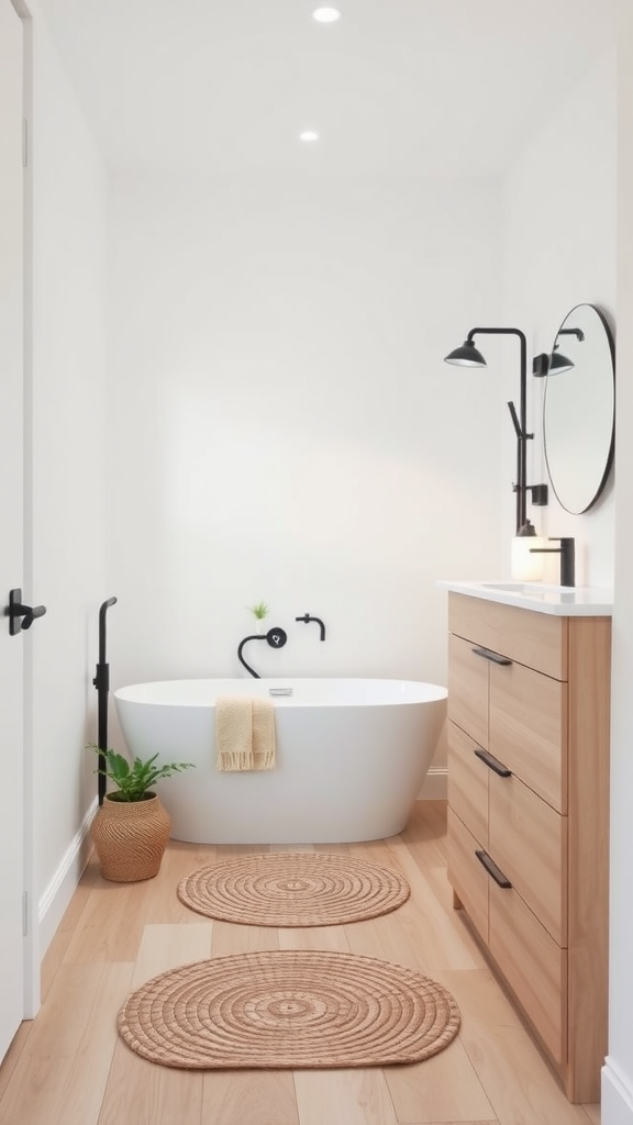 Scandinavian-inspired cottage bathroom featuring a freestanding tub, wooden accents, and minimal decor.