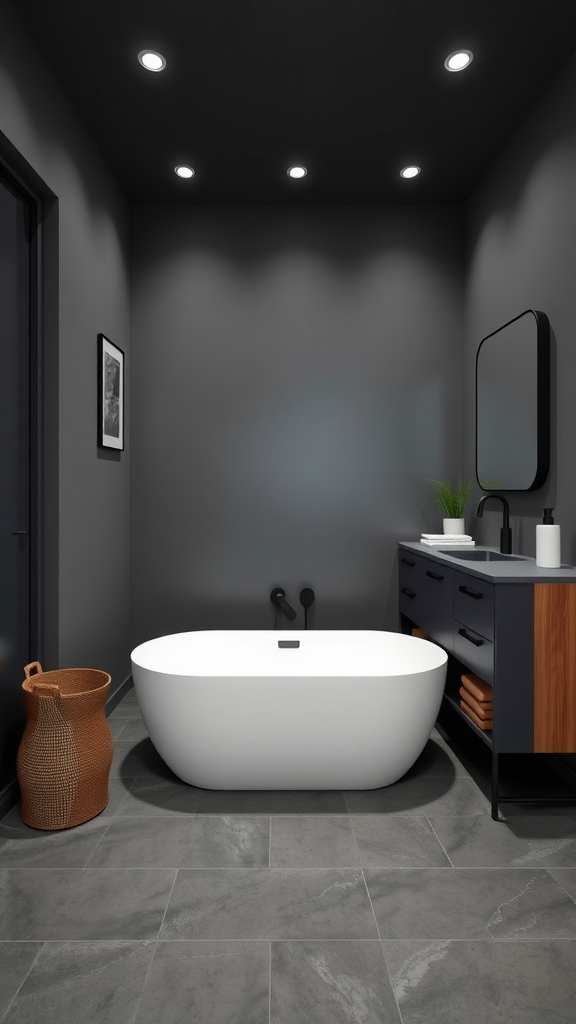 Modern Scandinavian-inspired bathroom featuring dark grey walls, a white freestanding bathtub, and a minimalist vanity.