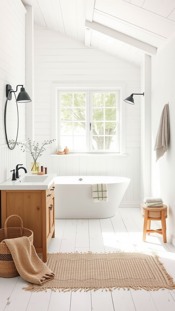 Scandinavian-inspired farmhouse bathroom featuring a freestanding bathtub, wooden vanity, and bright white walls