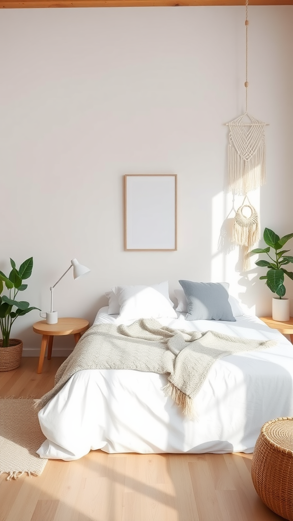 A bright Scandinavian Bohemian bedroom featuring a white bed with a textured blanket, minimalistic wooden bedside tables, green plants, and a macramé wall hanging.