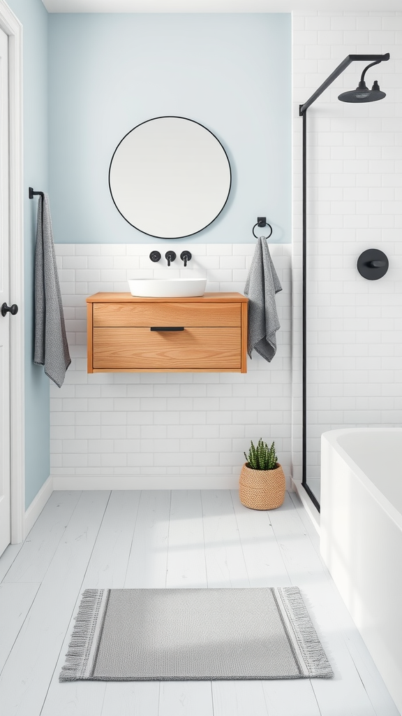 A minimalist Scandinavian bathroom featuring a light blue wall, white tiles, a wooden vanity, and a round mirror.