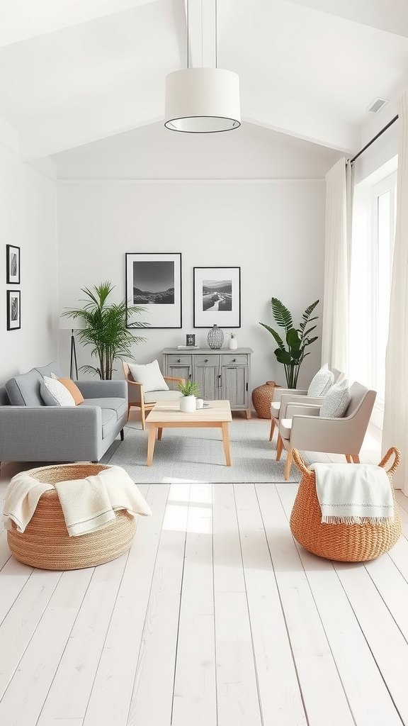 A bright Scandinavian cottage living room featuring a gray sofa, wooden floor, and woven baskets.