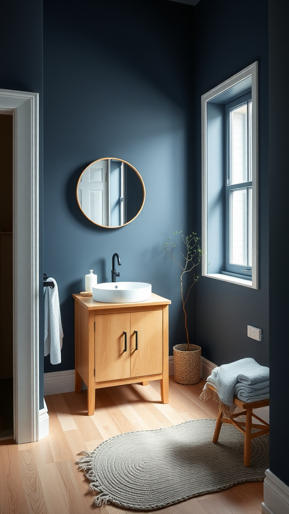 A Scandinavian-inspired dark blue bathroom featuring a wooden vanity, round mirror, and a cozy rug.