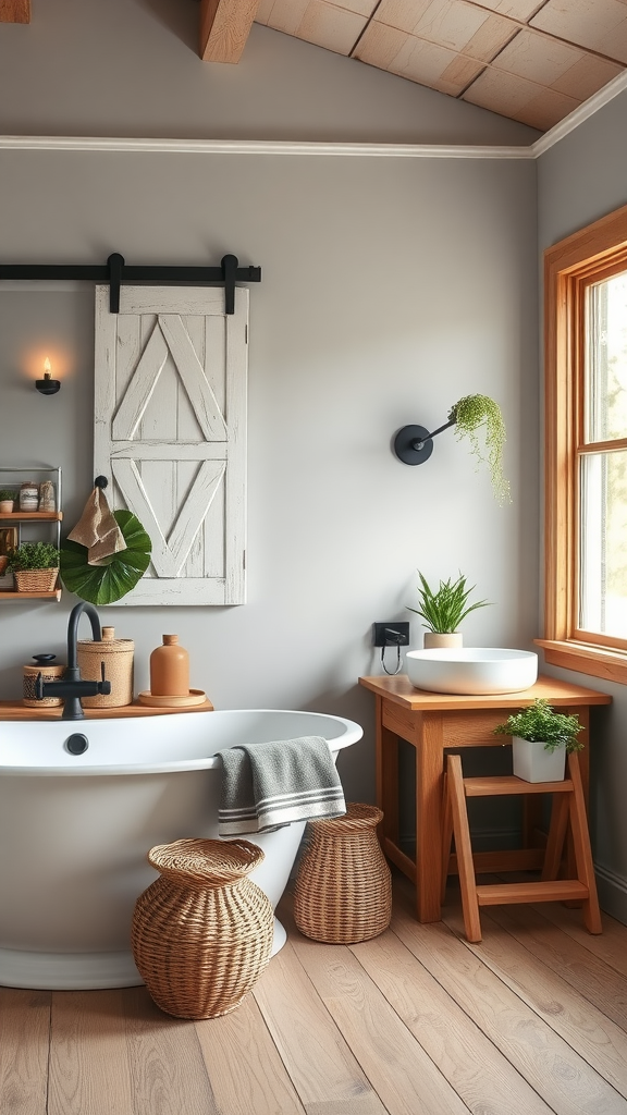 A stylish Scandinavian farmhouse bathroom featuring a freestanding tub, wooden accents, and greenery.