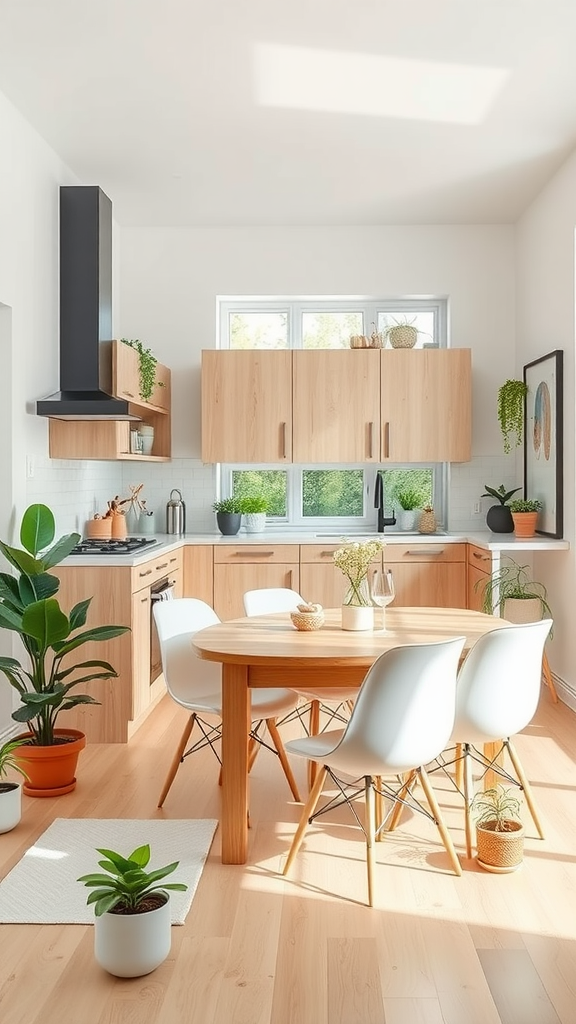 A Scandinavian style kitchen and dining area featuring light wood cabinetry, white chairs around a round table, and several indoor plants.