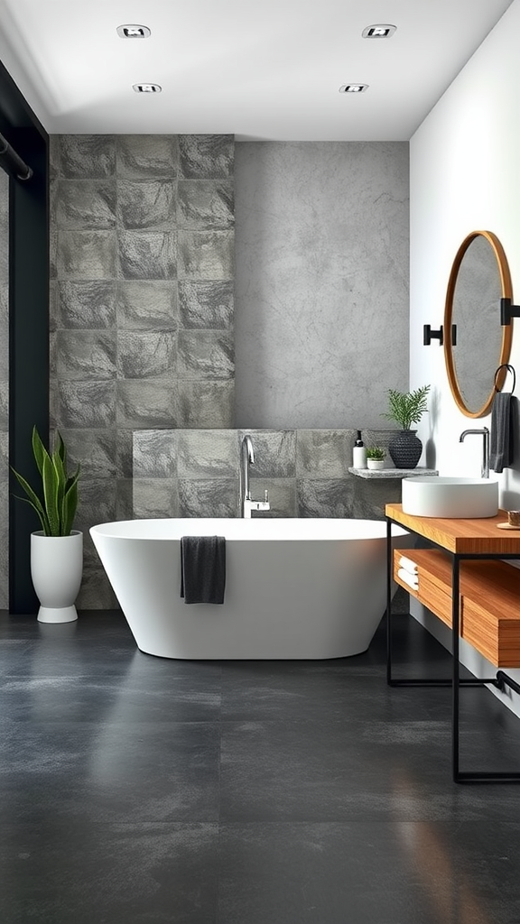 Modern Scandinavian bathroom with natural stone walls, freestanding bathtub, and wooden vanity