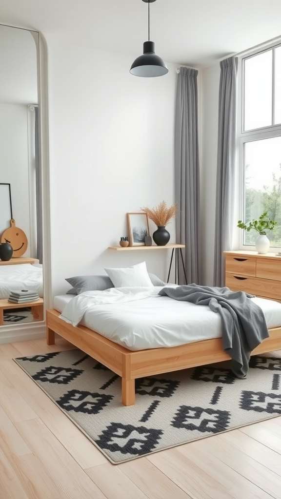 A cozy modern rustic bedroom with a wooden bed, gray curtains, and a patterned rug, showcasing Scandinavian design.