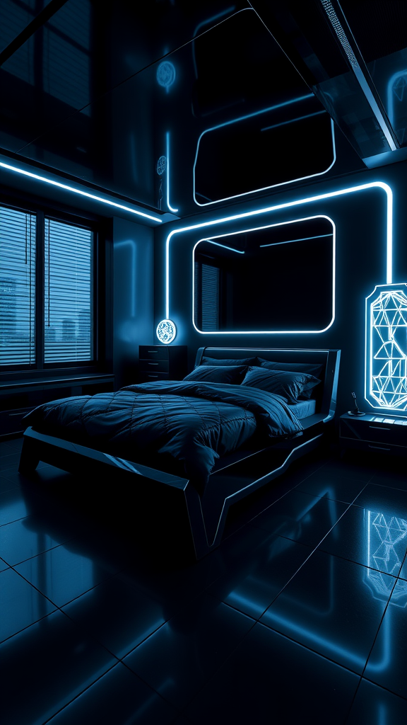 A modern bedroom with blue LED lighting and sleek furniture, creating a sci-fi atmosphere.