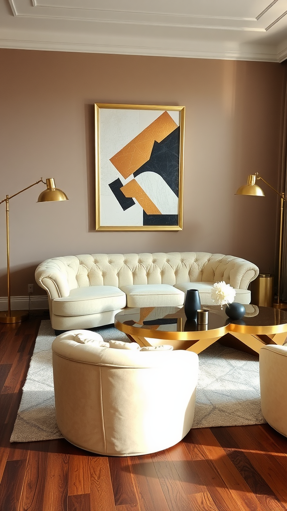 A stylish Art Deco living room featuring a curved beige sofa, modern coffee table, and elegant gold floor lamps.