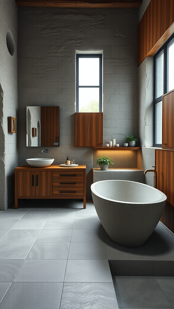 A modern bathroom featuring a sculptural stone bathtub, wooden cabinetry, and natural light through large windows.