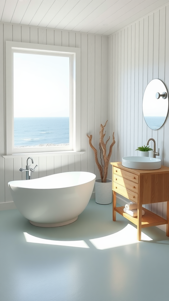 A minimalist bathroom featuring a freestanding bathtub, wooden vanity, and ocean view through a large window