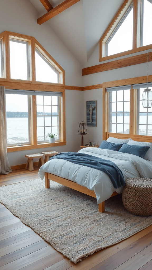 A serene lakehouse bedroom with large windows, natural wood elements, and a cozy bed.