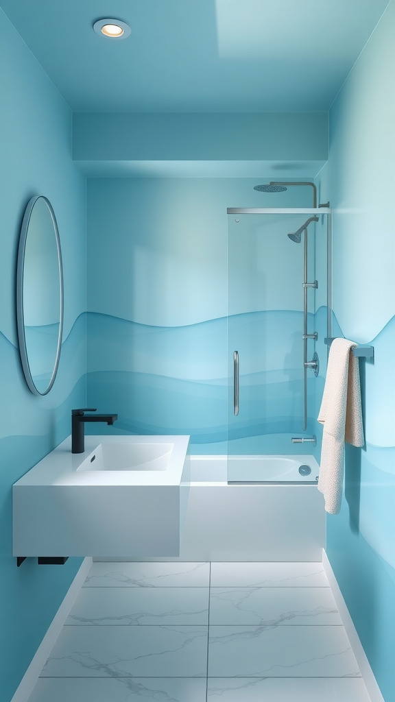 A modern bathroom painted in serene ocean blue with a wave design on the wall, featuring a white sink and shower.