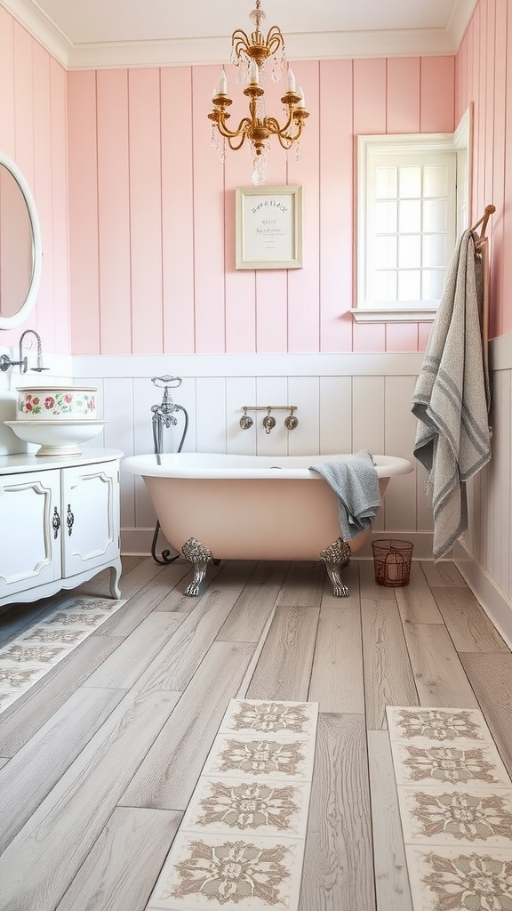 A shabby chic farmhouse bathroom featuring a pink wall, clawfoot tub, elegant chandelier, and vintage-style vanity.