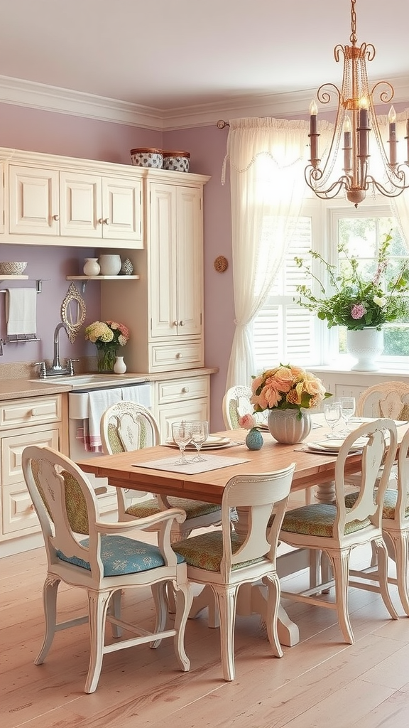 A shabby chic kitchen and dining room combo featuring elegant off-white cabinets, a natural wood dining table, and colorful patterned chairs.