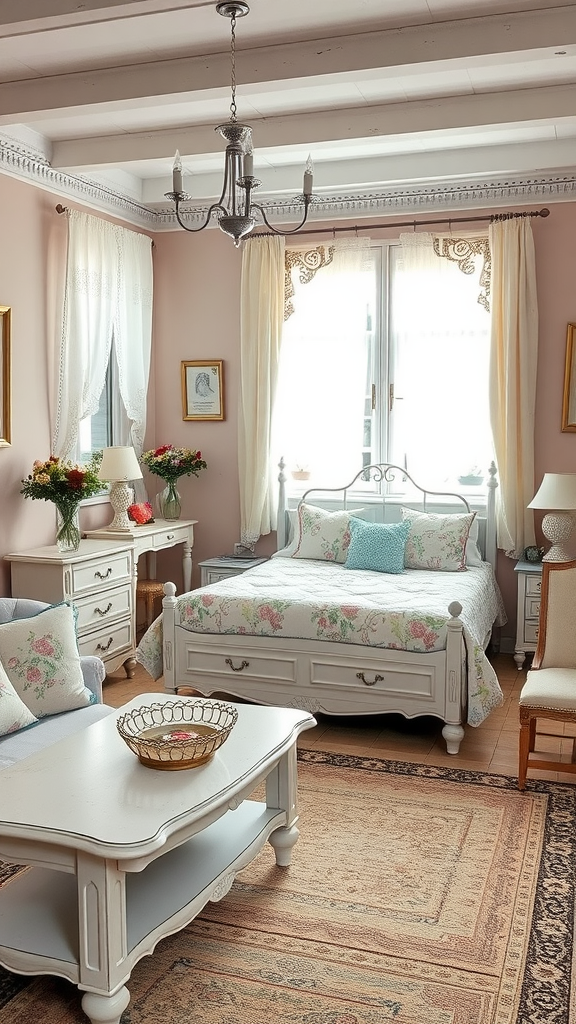 A shabby chic living room and bedroom combo with floral bedding and vintage furniture.