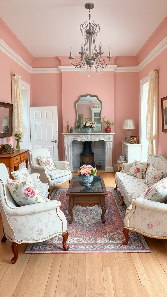 A shabby chic living room with pastel pink walls, floral patterned furniture, and a stylish wooden table.