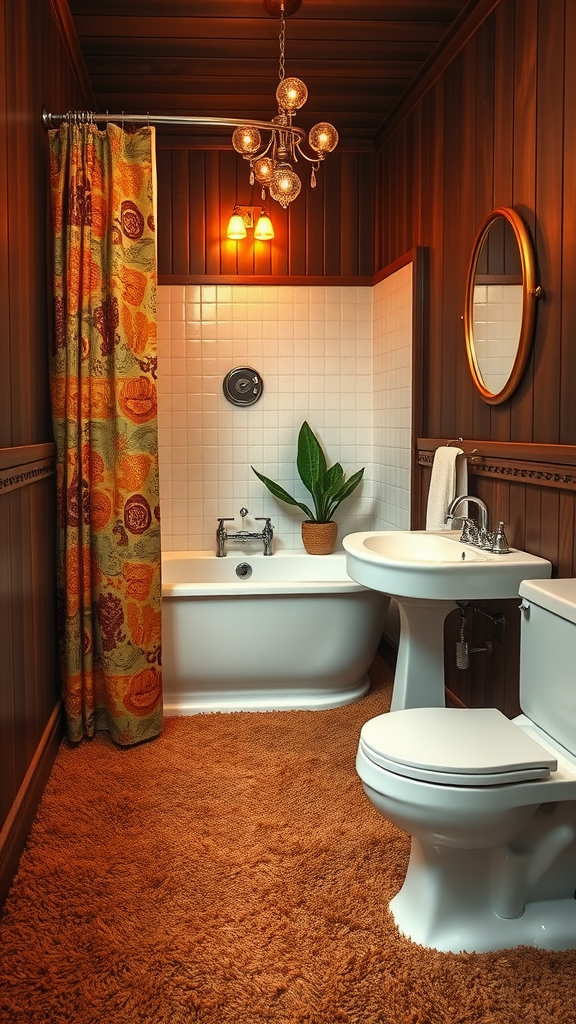 A cozy 70s bathroom featuring shag carpet, wooden paneling, and vibrant decor.