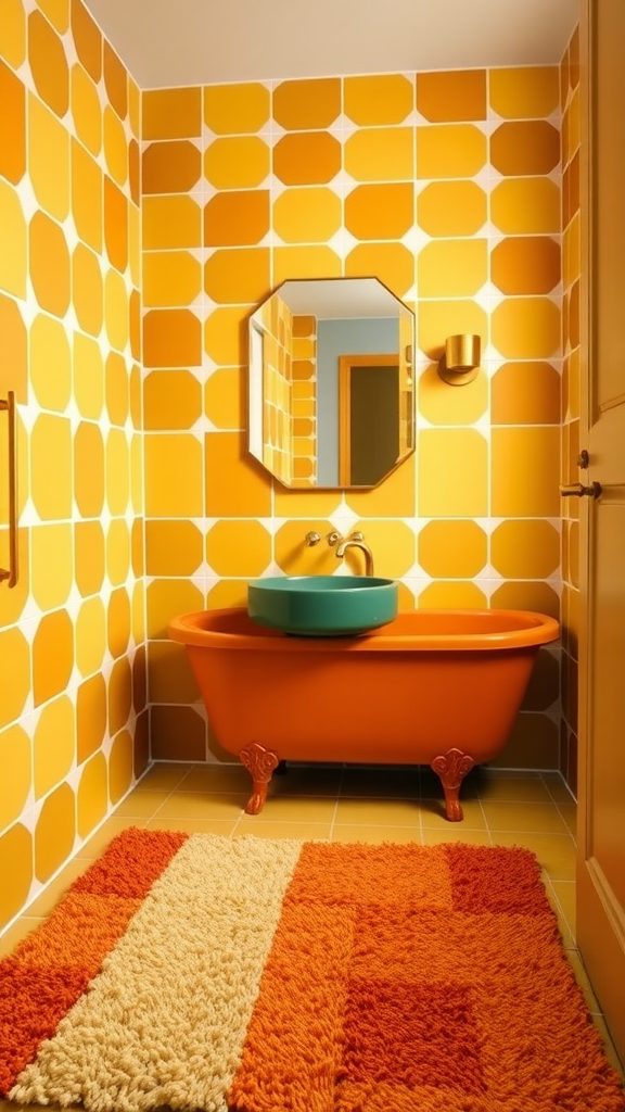 A colorful 70s bathroom featuring an orange bathtub, geometric patterned tiles, and a shaggy rug.